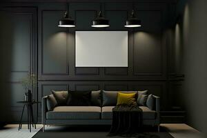 moderno vivente camera con un' Nero, felpa divano e cuscini, finto su di un' manifesto telaio su un' sfondo di nero sfondo, contemporaneo soffitto luci, e Aperto spazio. generativo ai foto