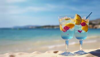 cocktail bicchiere su il sabbioso spiaggia vicino il mare nel estate volta. generativo ai foto