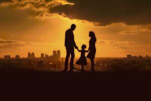 ombra di contento famiglia insieme, genitori con loro poco bambino a tramonto. un' silhouette di amore e unità. ai generativo foto