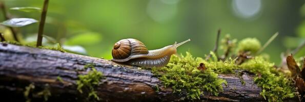 un' viaggio attraverso il foresta. avvicinamento di un' lumaca nel il foresta con naturale sfondo. ai generativo foto