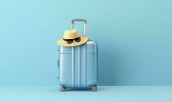 blu valigia con occhiali da sole su un' pastello blu sfondo. viaggio concetto. generativo ai foto