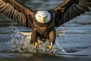 pesca Calvo aquila, un' Calvo aquila di fronte telecamera catture un' pesce su di il acqua, nel il stile di nazionale geografico concorso vincitore, super teleobiettivo vicino su. ai generativo foto