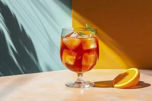 aperol spritz estate bevanda nel bicchiere con ombre, tropicale sfondo. generativo ai foto