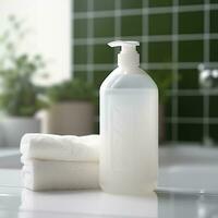 un' bianca bottiglia di shampoo sta su il tavolo nel bagno. ai generativo foto