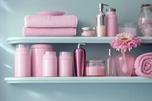 un' pastello bagno mensola con rosa cura della pelle prodotti, copia spazio, striscione, rosa e pastello blu luminosa tavolozza, barbiecore. ai generativo foto