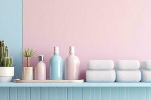 un' pastello bagno mensola con rosa cura della pelle prodotti, copia spazio, striscione, rosa e pastello blu luminosa tavolozza, barbiecore. ai generativo foto