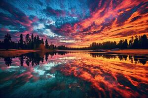 un' colorato tramonto al di sopra di un' lago con rocce e un' lago nel il primo piano foto