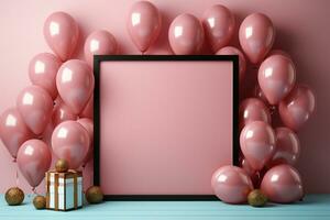 telaio, palloncini, coriandoli, compleanno piatto posare su rosa tavolo ai generato foto