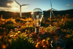 rinnovabile energia concetto, lampadina motorizzato di solare pannello e vento turbina su suolo ai generato foto