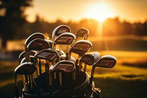 avvicinamento di golf Ingranaggio su illuminata dal sole fairway ai generato foto
