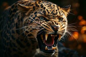nature eleganza, un arrabbiato leopardi avvicinamento nel suo naturale habitat ai generato foto