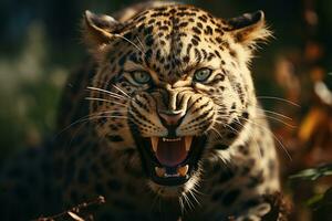 maestoso predatore, un' avvicinamento ritratto di un arrabbiato leopardo nel natura selvaggia ai generato foto