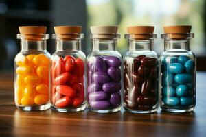 colorato assortimento di capsule e compresse nel medico barattoli, un' benessere selezione ai generato foto