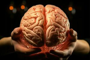 mano Tenere un' modello di il umano cervello contro un' pulito tela ai generato foto