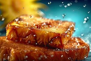 ananas pane abbrustolito, macro tiro di un' fresco prima colazione con gocciolante Miele, ai generato foto