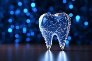 dentista clinica concetto con astratto, blu, lowpoly dente design ai generato foto