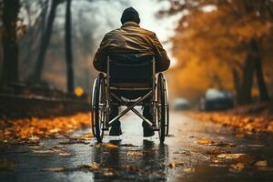 Disabilitato mans mano su ruota, incarnando resilienza e mobilità, visto su vicino ai generato foto
