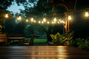 luci penzolare a partire dal il di legno veranda soffitto, guida per il giardino ai generato foto