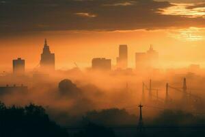 città silhouette ammorbidito di un' crepuscolo nebbia durante il tramonto ai generato foto