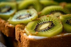 kiwi pane abbrustolito, macro tiro di un' fresco prima colazione con gocciolante Miele, ai generato foto