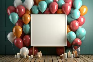 colorato palloncini e bianca telaio su blu di legno tavolo superiore Visualizza modello per pianificazione compleanno o festa ai generato foto