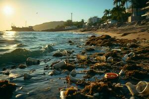 ambientale crisi, pieno di spazzatura spiaggia, promozione riciclare e pulire sforzi ai generato foto