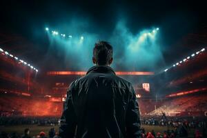 posteriore Visualizza di giocatore su stadio campo, palla nel mano, notte atmosfera, abbracciare fan ai generato foto