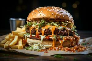 cibo camion indulgenza, Maiale hamburger sormontato con formaggio, accoppiato con patatine fritte ai generato foto