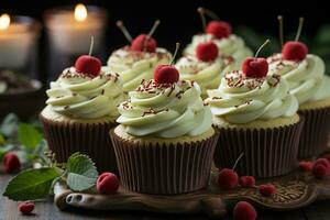 verde corona cupcakes con crema formaggio glassa, incoronato con un' rosso cuore ai generato foto