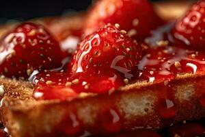 fragola pane abbrustolito, macro tiro di un' fresco prima colazione con gocciolante Miele, ai generato foto