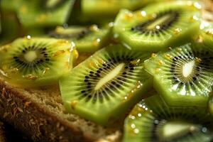 kiwi pane abbrustolito, macro tiro di un' fresco prima colazione con gocciolante Miele, ai generato foto