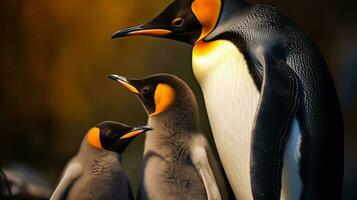 pinguini e loro bambino, pinguino famiglia nel il antartico isolato re pinguino, pinguini abbracciare loro bambino. generativo ai foto