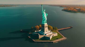 aereo Visualizza di famoso posto bellissimo punto di riferimento il statua di libertà nel nuovo York Stati Uniti d'America . generativo ai foto