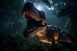 un' tirannosauro rex dinosauro a caccia a notte nel il giungla. tirannosauro rex. generativo ai foto