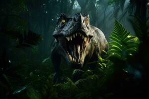 un' tirannosauro rex dinosauro a caccia a notte nel il giungla. tirannosauro rex. generativo ai foto
