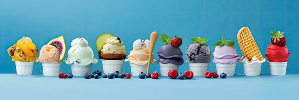 ghiaccio crema, impostato di ghiaccio crema scoop di diverso colori e sapori con frutti di bosco, noccioline e frutta decorazione su blu sfondo. generativo ai foto