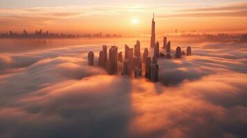 aereo Visualizza di dubai, unito arabo Emirates nebbioso mattina Alba. generativo ai foto