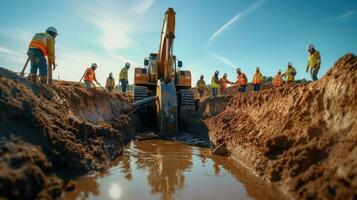 lavoro di squadra di costruzione ingegnere e lavoratori cooperare con scavatrice scavo acqua drenaggio a costruzione luogo. generativo ai foto