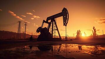 silhouette di olio pompa, industriale attrezzatura a tramonto, energia industria macchine per producendo petrolio gas. generativo ai foto