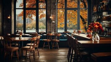 accogliente bar bistro con sfocato sfondo e di legno montaggio. generativo ai foto