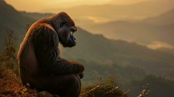 gorilla seduta su un' alto scogliera vicino tramonto. generativo ai foto