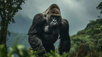 un' forte corposo gorilla su il montagna. generativo ai foto