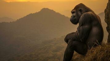 gorilla seduta su un' alto scogliera vicino tramonto. generativo ai foto