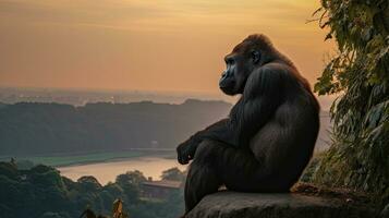 gorilla seduta su un' alto scogliera vicino tramonto. generativo ai foto