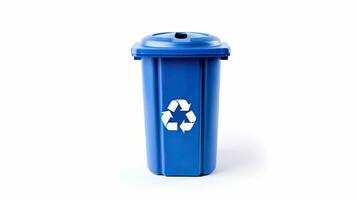 un' blu riciclare bidone con riciclare simbolo isolato su bianca sfondo. generativo ai foto