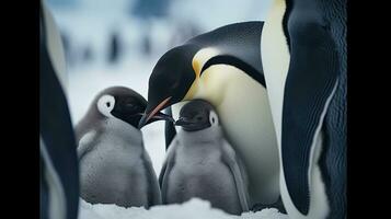 pinguini e loro bambino, pinguino famiglia nel il antartico isolato re pinguino, pinguini abbracciare loro bambino. generativo ai foto