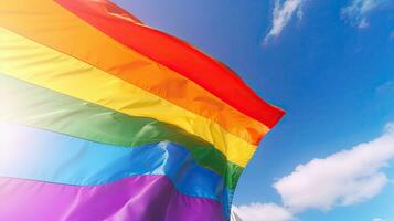arcobaleno gay bandiera su blu cielo sfondo. arcobaleno gay bandiera. generativo ai foto
