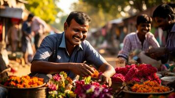 un' vivace mercato con agricoltori con orgoglio visualizzazione loro colorato produrre mentre artigiani vetrina squisito mestieri in mezzo gioioso Saluti e risata foto