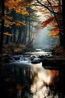 un' sereno nebbioso mattina nel il foresta con un' avvolgimento fiume e colorato autunno alberi sfondo con vuoto spazio per testo foto