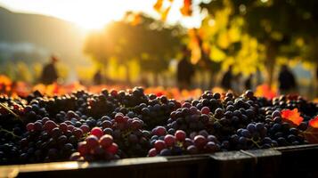 vignaioli stampa appena raccolto uva Riempimento il aria con il intossicante aromi di autunni fruttuoso lavoro duro e faticoso foto